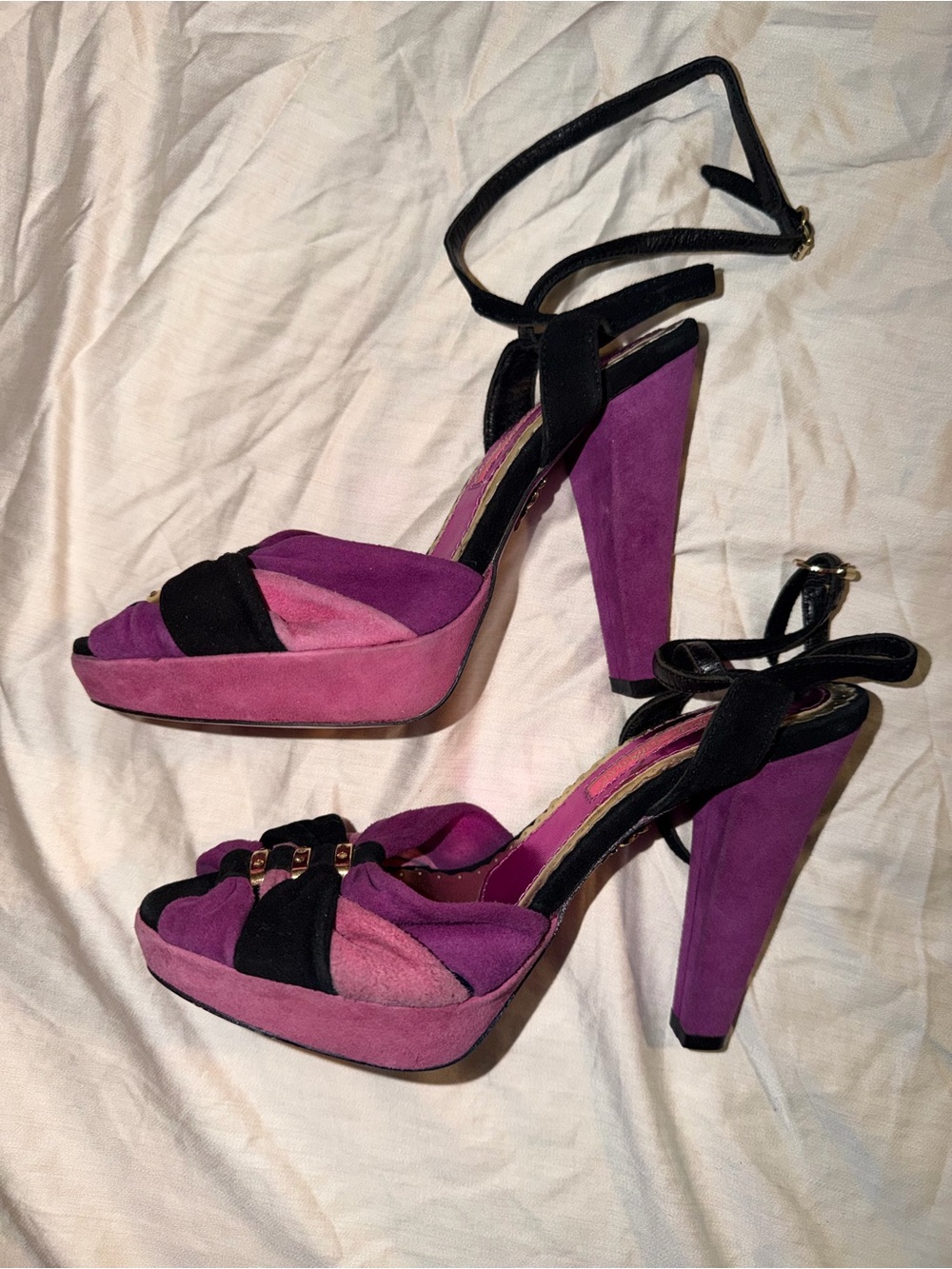 Vintage Betsey Johnson Purple Pink Suede Platform Sandals with Black Straps